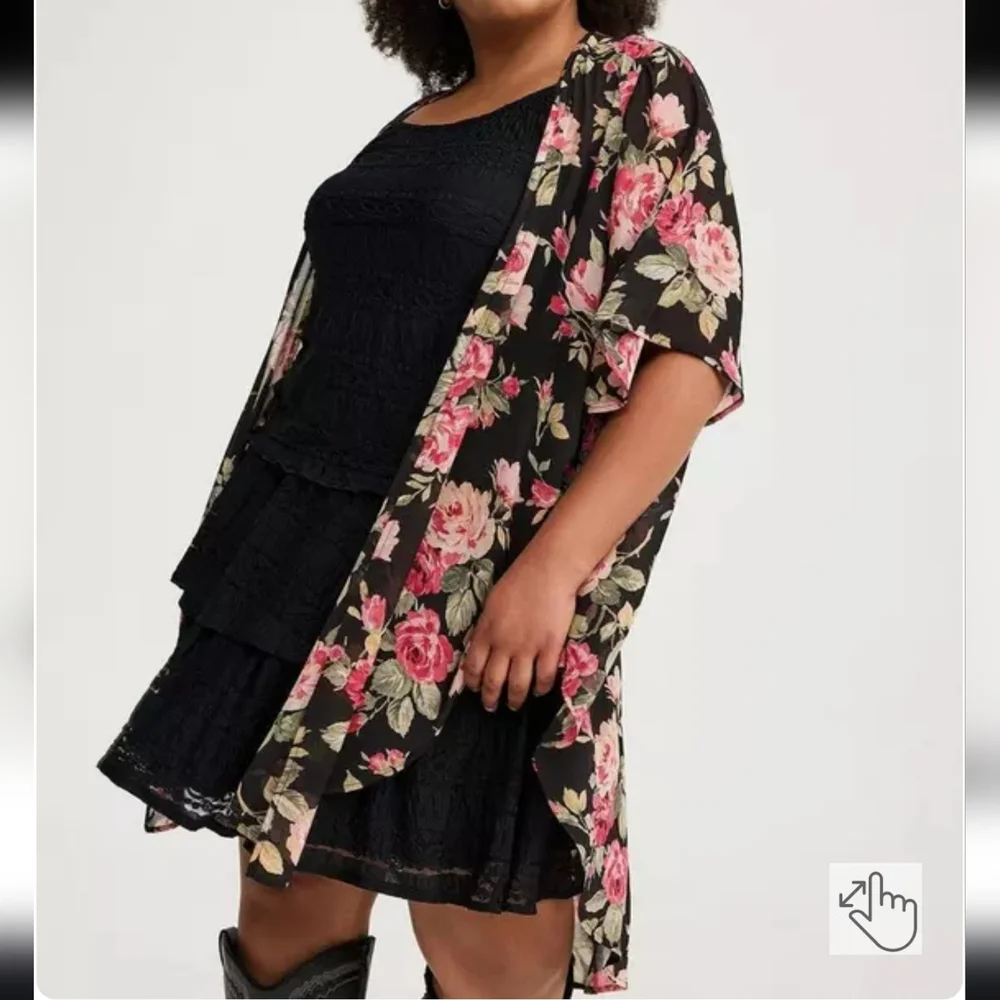 torrid Black Sheer Floral Kimono with Pink Roses - Picture 2 of 11